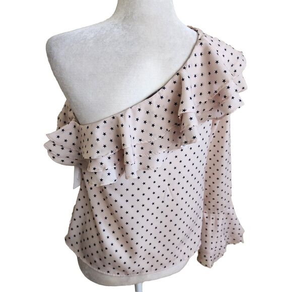 Lovers + Friends S Maya Top Ivory Star Polka Dot Ruffle One Shoulder Blouse NWT - Picture 5 of 11